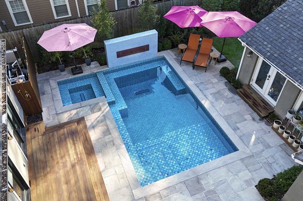 Mosaic tiles installed in pool and kitchen environments